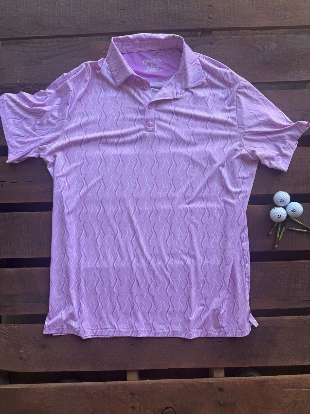 Pins & Aces Golf Co Polo Shirt XXL Pink Wave Print Performance Stretch Men